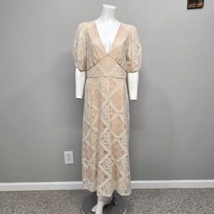 NSR Lace Maxi Dress Large Beige Puffed Sleeve Empire Waist Romantic Cottage Boho